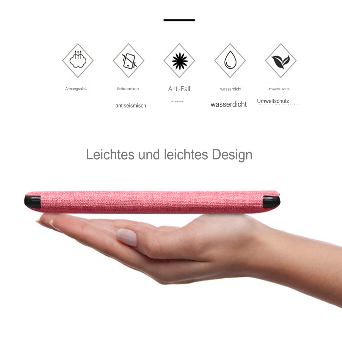 Eine Hand, die eine rosa Handyhülle hält. Symbole für Funktionen sind oben. Text: Leichtes und leichtes Design.