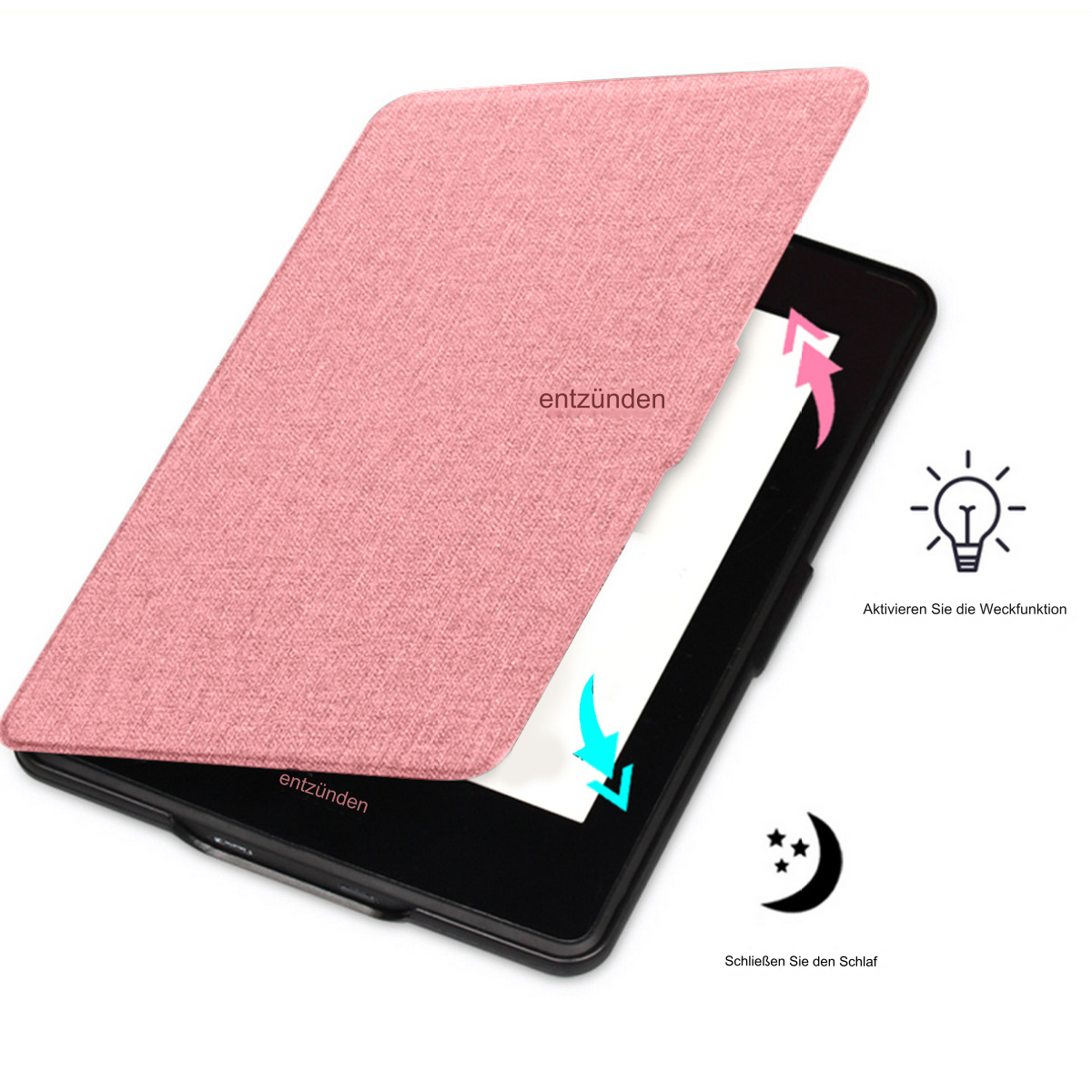 Offener rosa E-Reader mit "entzünden" und Symbolen für Glühbirne und Mond/Sterne.