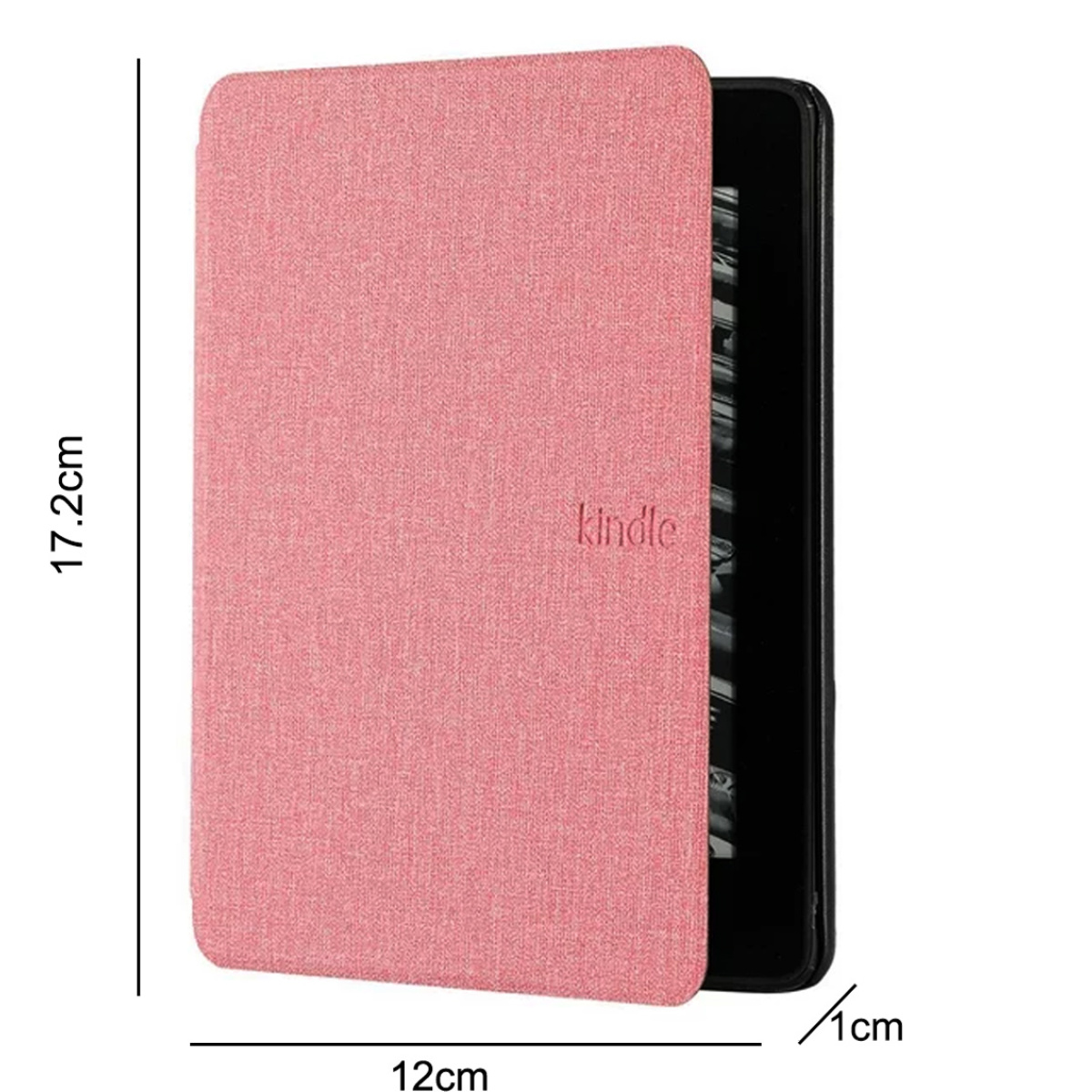 Eine rosa Kindle-Hülle, geöffnet, um das Gerät zu zeigen. Maße: 17,2 cm x 12 cm x 1 cm.