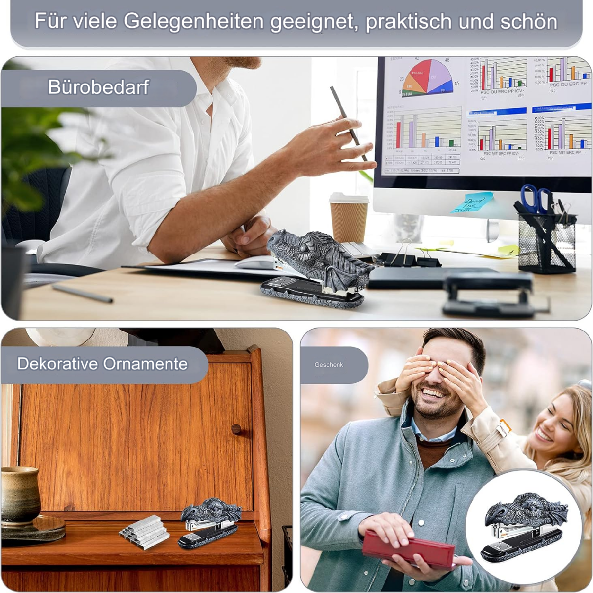 Mehrere Bilder zeigen einen krokodilförmigen Tacker und seine Verwendung in verschiedenen Szenarien.