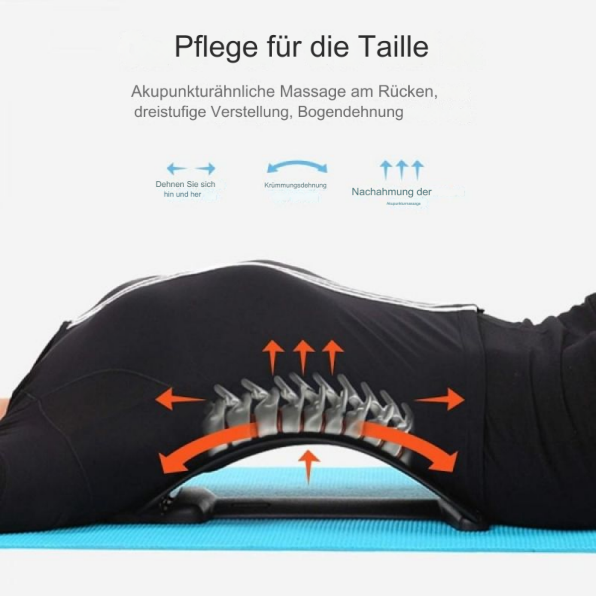 Person liegt auf einer blauen Matte, benutzt ein Rückenstützgerät. Pfeile illustrieren Haltung.