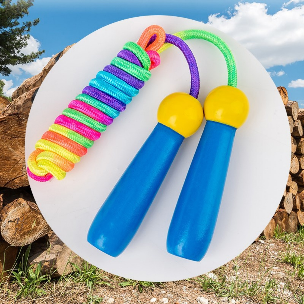 Buntes Springseil mit blauen und gelben Griffen auf weißem Kreis, Himmel und Holzstämmen.