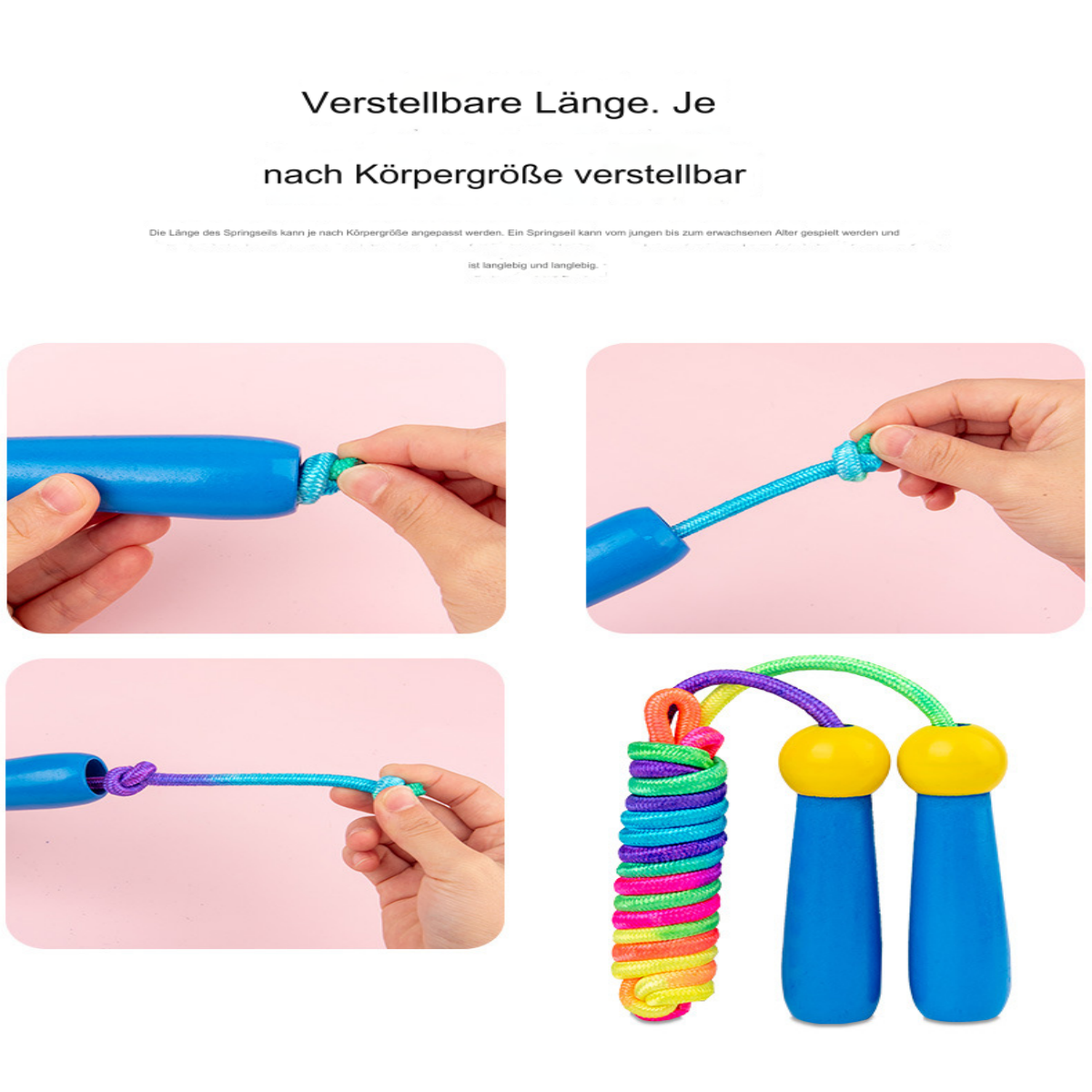 Bild zeigt Anpassungen des Springseils mit Händen. Blaue und bunte Seilgriffe. Weißer Hintergrund.