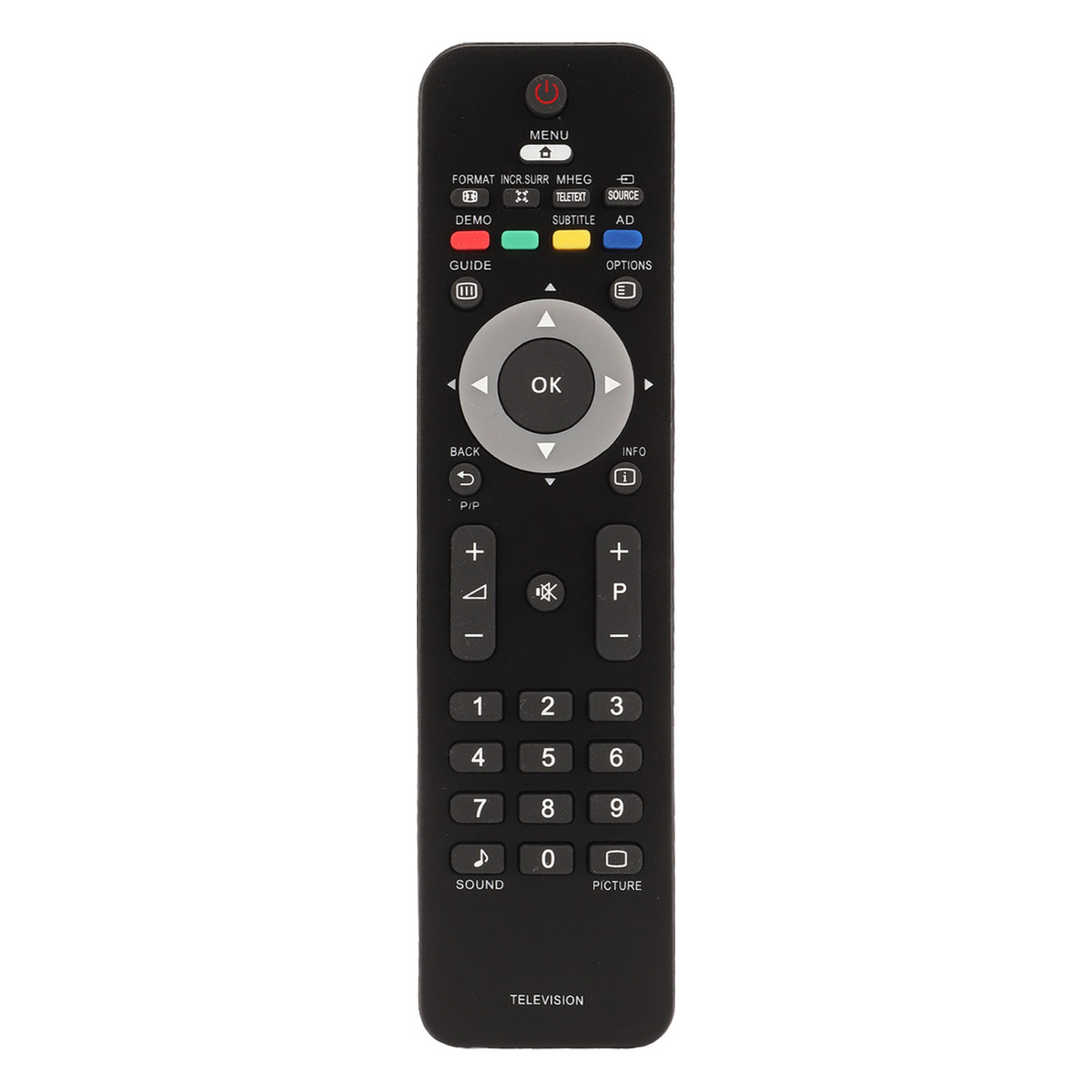 Eine schwarze TV-Fernbedienung mit mehreren Knöpfen auf weißem Hintergrund.
