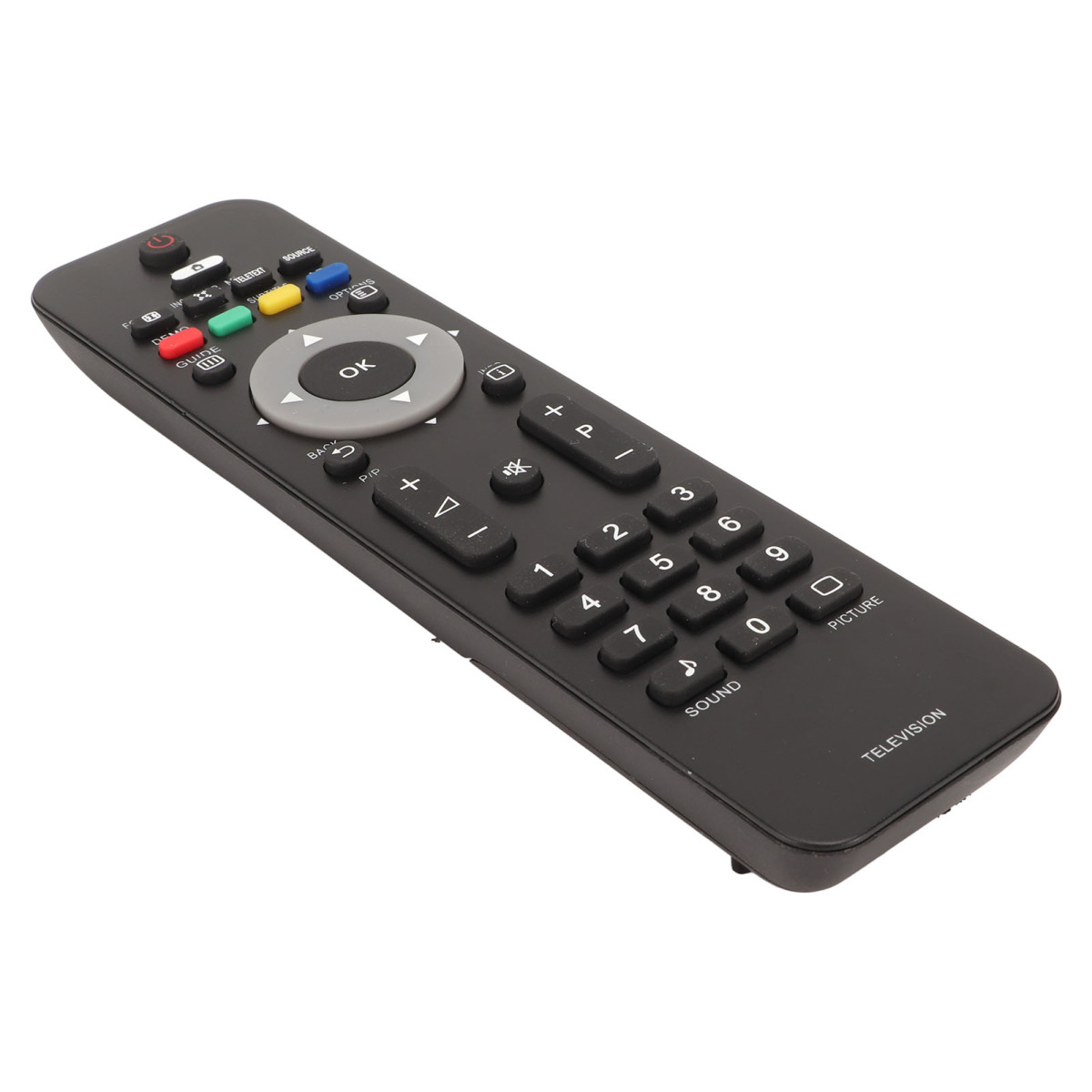 Eine schwarze TV-Fernbedienung mit vielen Tasten, darunter Nummern, Lautstärke- und Kanalsteuerung.