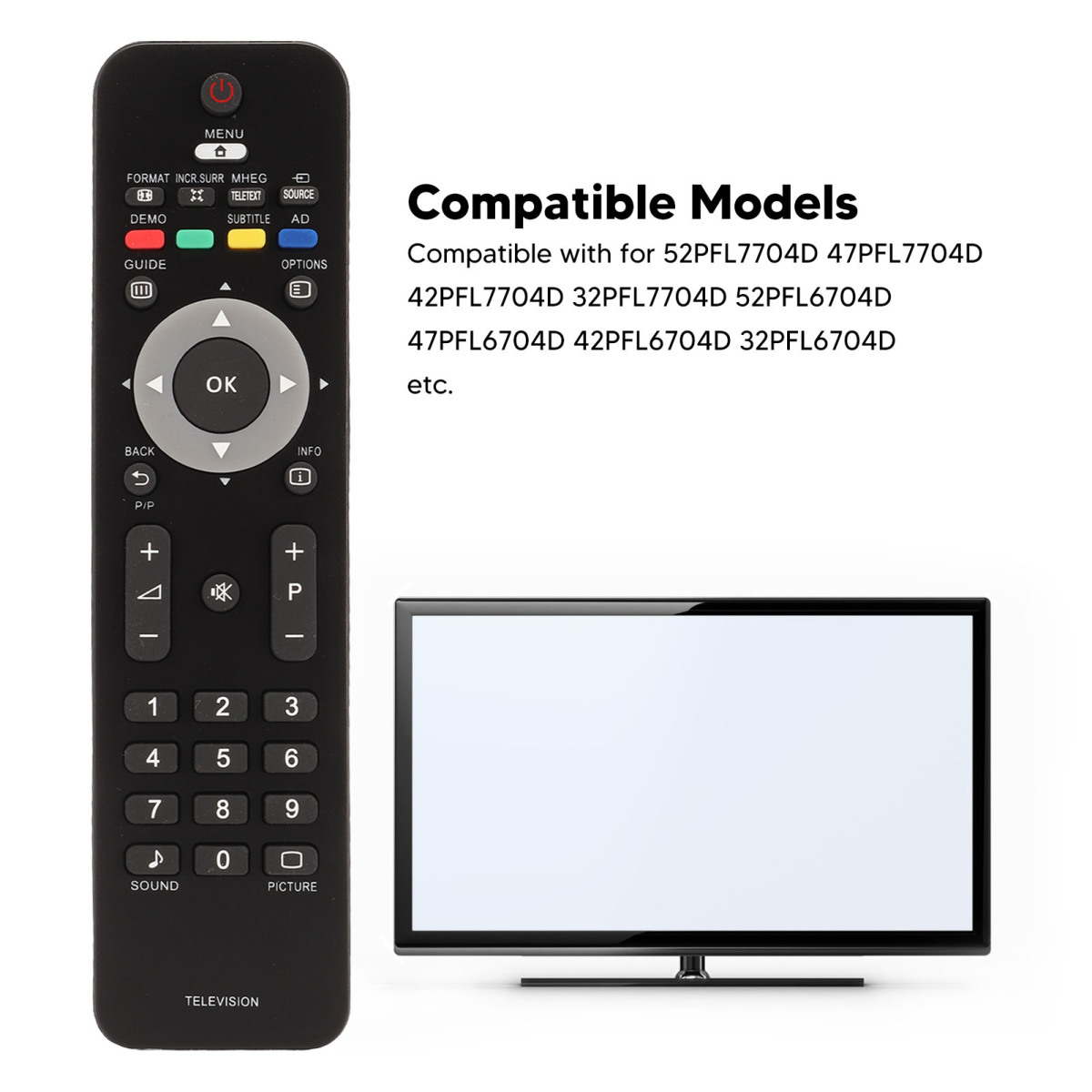 Eine schwarze Fernbedienung und ein Fernseher. Die Fernbedienung hat Knöpfe und der TV-Bildschirm ist leer.