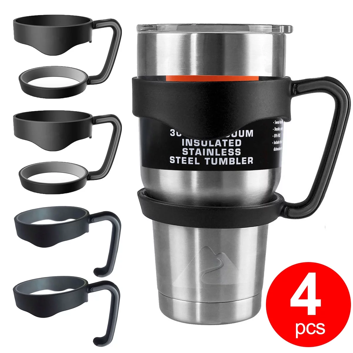 Vier schwarze Bechergriffe auf weißem Untergrund. Rechts ein Becher mit Griff und Deckel.