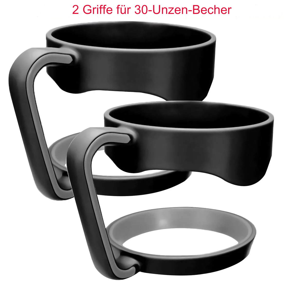 Zwei schwarze Becherhalter mit Griffen, für 30-Unzen-Becher, auf weißem Hintergrund.