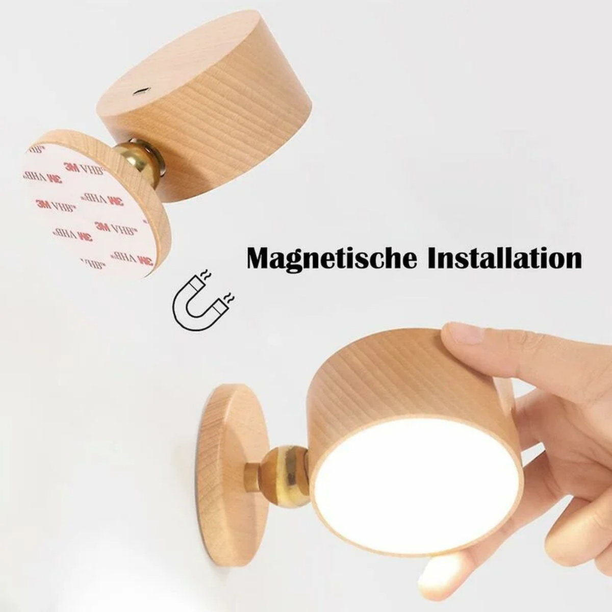 Magnetische Holz-Leuchte, mit zwei Einheiten und dem Text: Magnetische Installation.