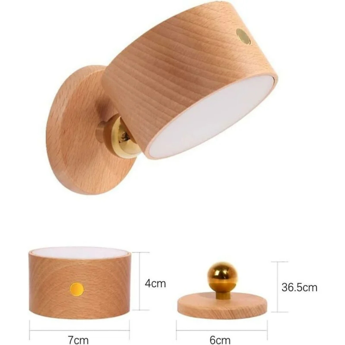 Wandleuchte aus Holz mit Maßen auf Weiß.