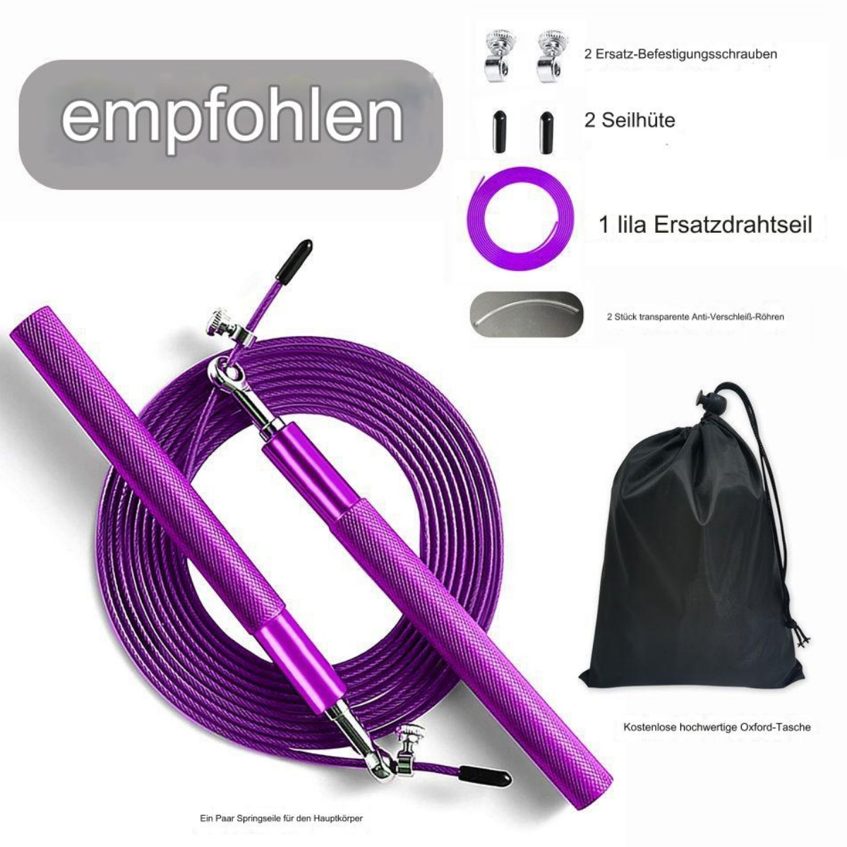 Lila Springseil mit Zubehör in einer schwarzen Tasche.