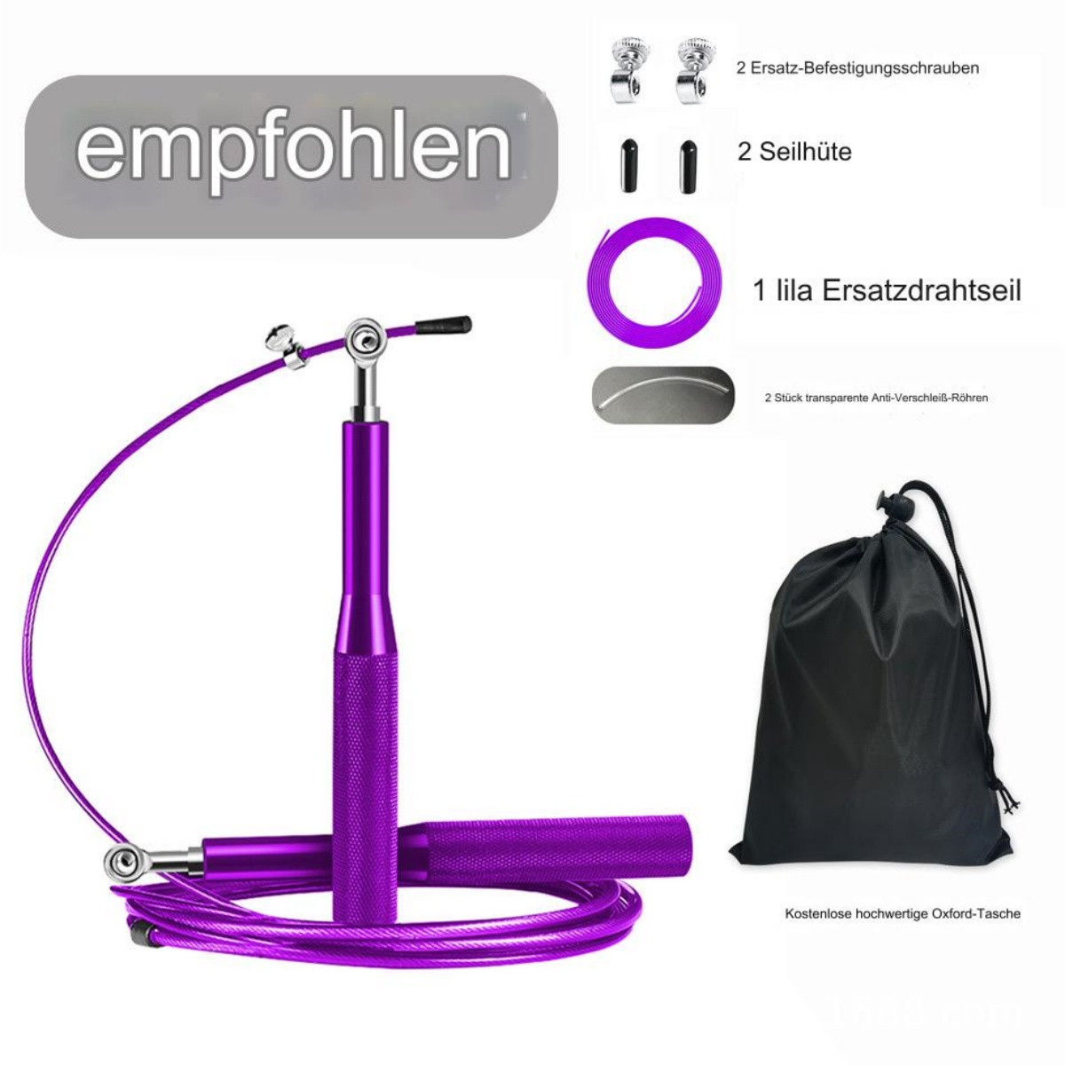 Lila Springseil mit Extrateilen und einer schwarzen Tasche, mit Text.