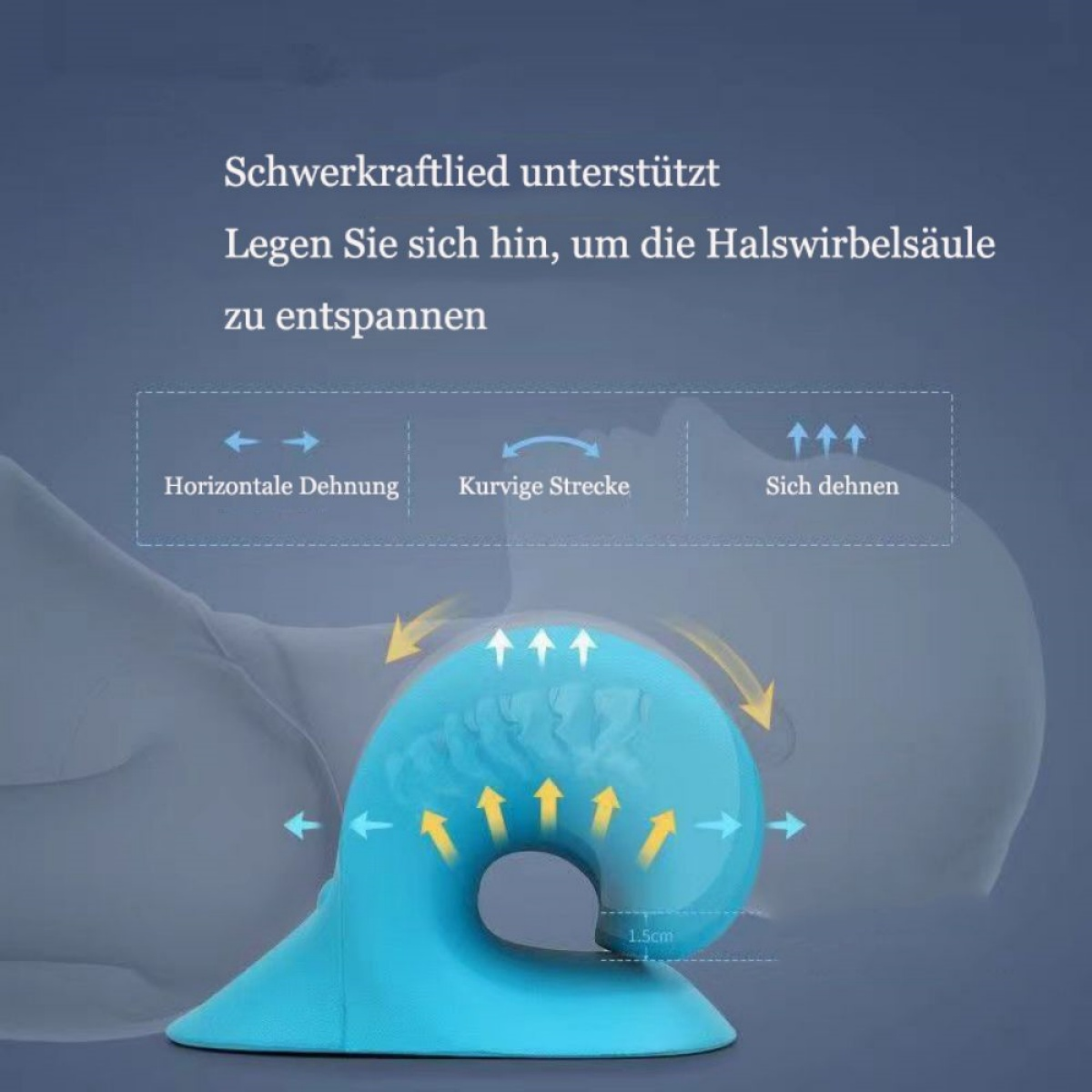 Eine anatomische Nackenstütze mit Pfeilen, die Dehnungsrichtungen zeigen.