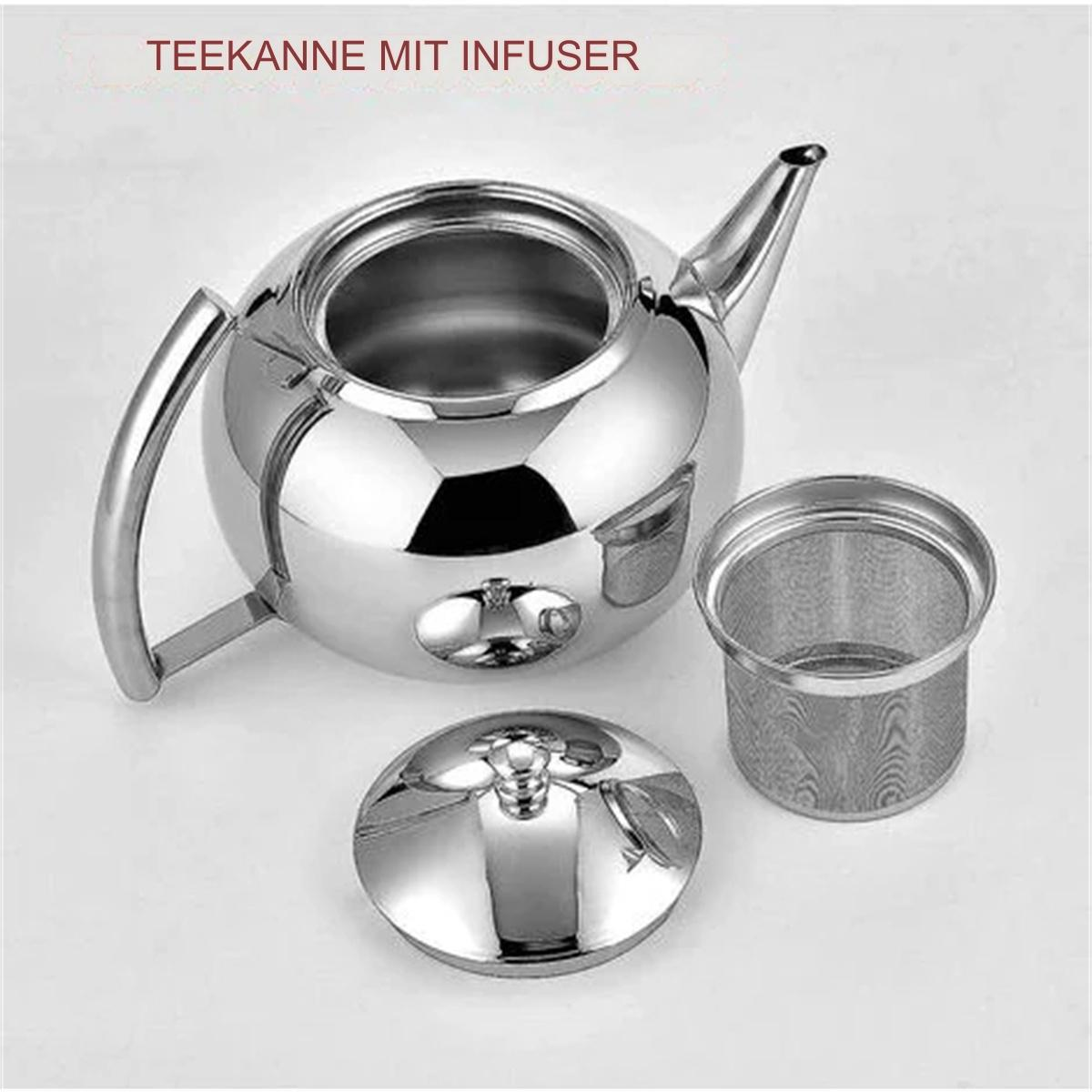 Teekanne aus Edelstahl mit Deckel und separatem Aufguss. Die Teekanne ist reflektierend.