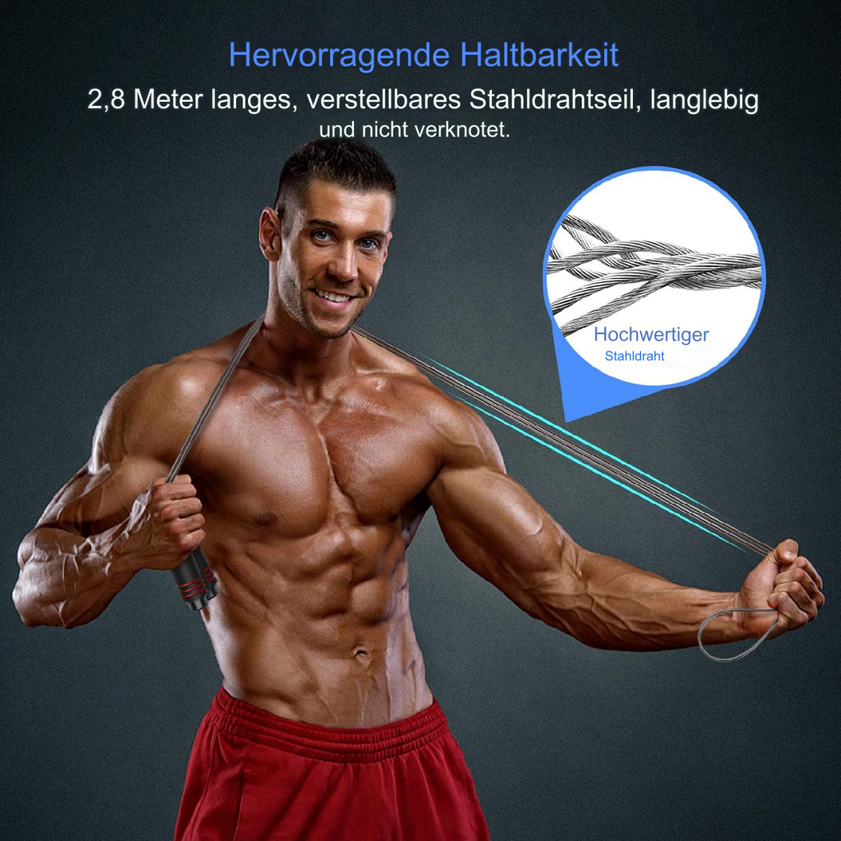 Ein muskulöser Mann hält ein Springseil. Das Seil wird mit blauen Linien hervorgehoben, Nahaufnahme.