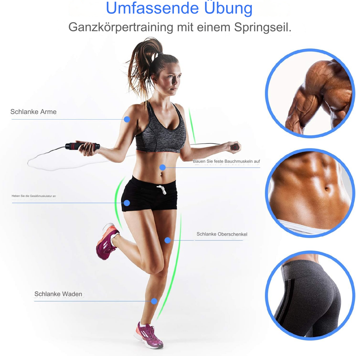 Eine Frau springt Seil. Diagramme zeigen Muskelgruppen: Arme, Oberschenkel, Waden, Bauch. Text deutsch.