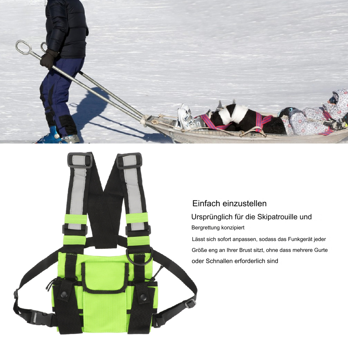 Person zieht Schlitten mit Gegenständen im Schnee. Ein Geschirr wird unten angezeigt.
