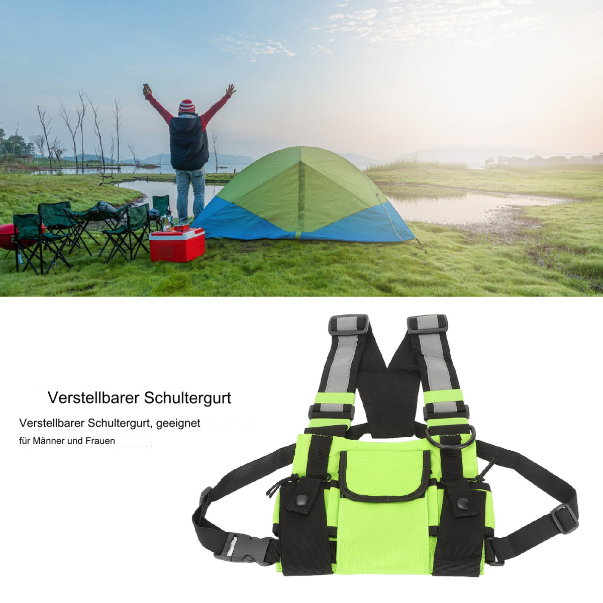 Mann mit rotem Hut und erhobenen Armen vor einem Zelt, Brusttasche im Vordergrund und See im Hintergrund.
