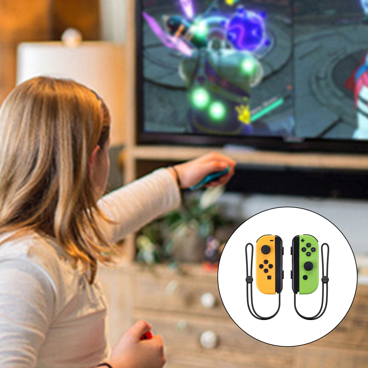 Mädchen spielt Spiele auf einem Fernseher mit gelben und grünen Spielcontrollern. Nahaufnahme.