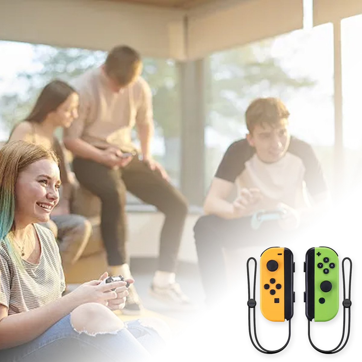 Gruppe von Freunden spielt Videospiel, hält Controller. Controller sind orange und grün.