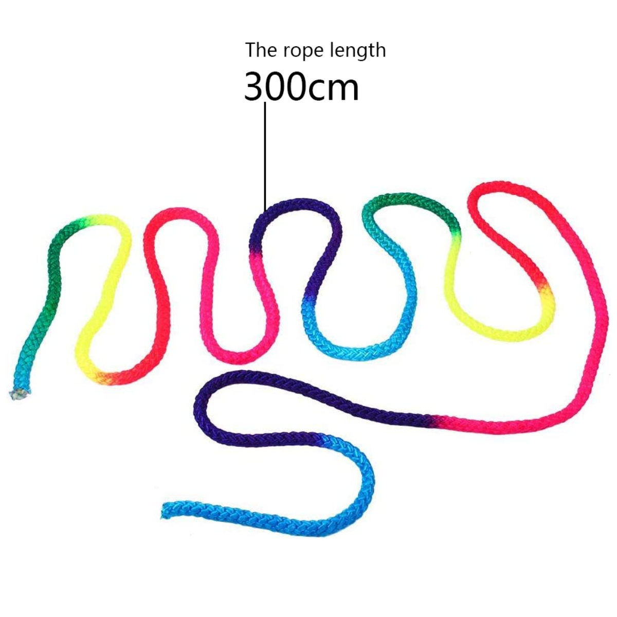 Regenbogen-Springseil. Das Seil ist in einem Wellenmuster angeordnet. Text gibt an, dass die Seillänge 300 cm beträgt.