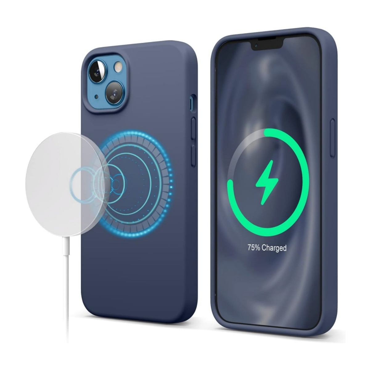 Dunkelblaue iPhone-Hülle, mit Telefon, das 75 % Aufladung anzeigt. MagSafe-Ladegerät daneben.