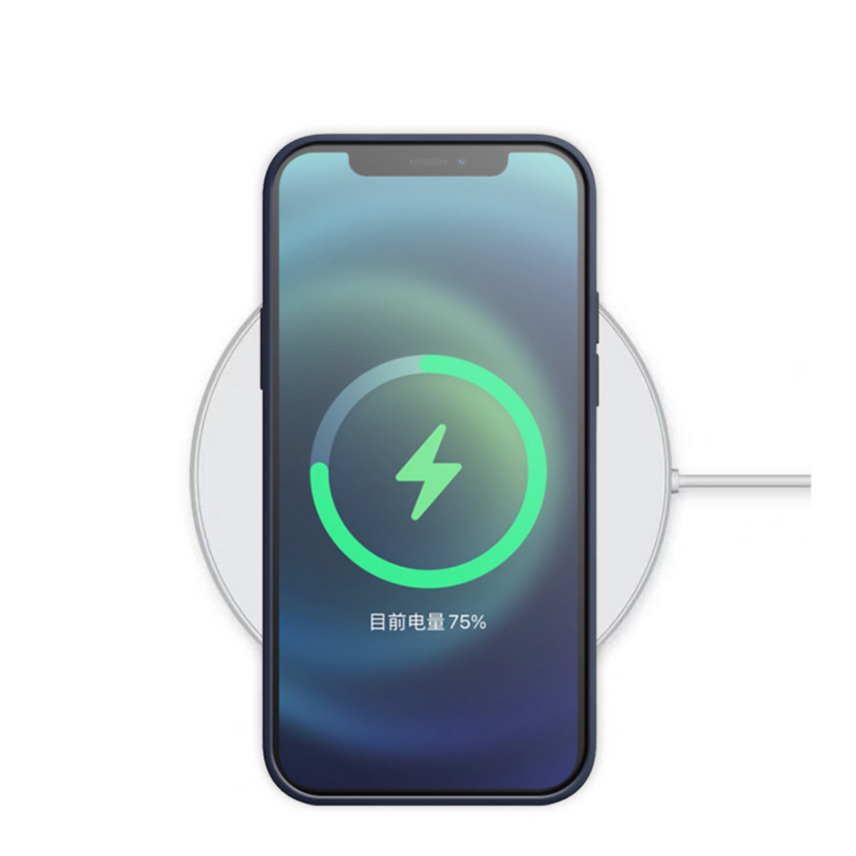 Telefon lädt drahtlos, 75% Akku, blaue Hülle.