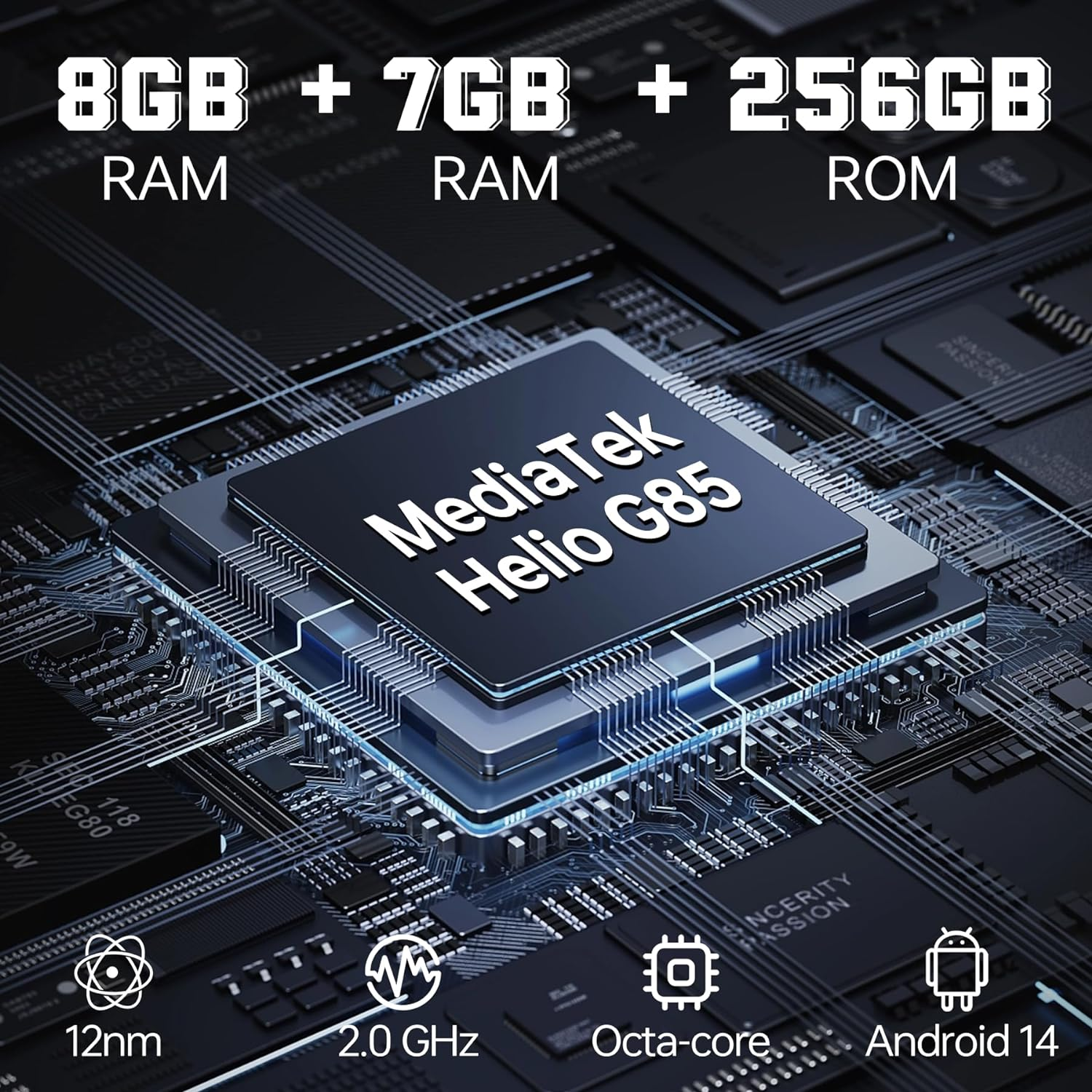 Primo piano di un chip con testo: 8GB + 7GB + 256GB RAM ROM, MediaTek Helio G85. Altri testi e icone.