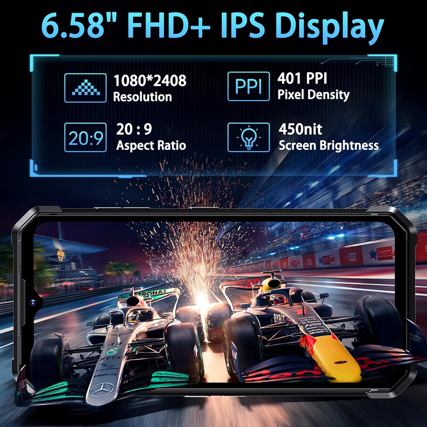 Schermo del telefono mostra auto da corsa; info grafiche sulle specifiche.