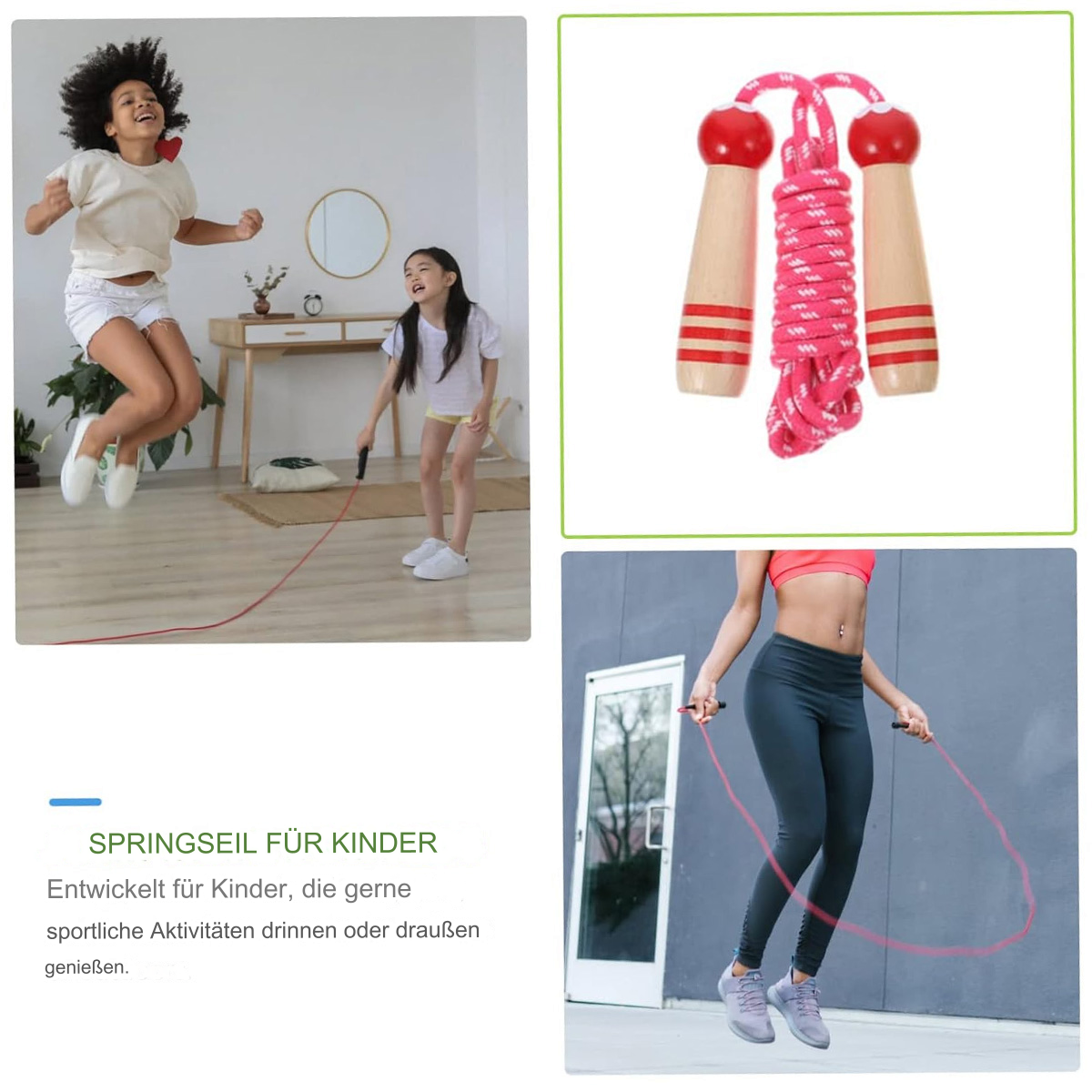 Kinder springen drinnen Seil. Ein Springseil wird separat gezeigt. Eine Frau springt draußen Seil.