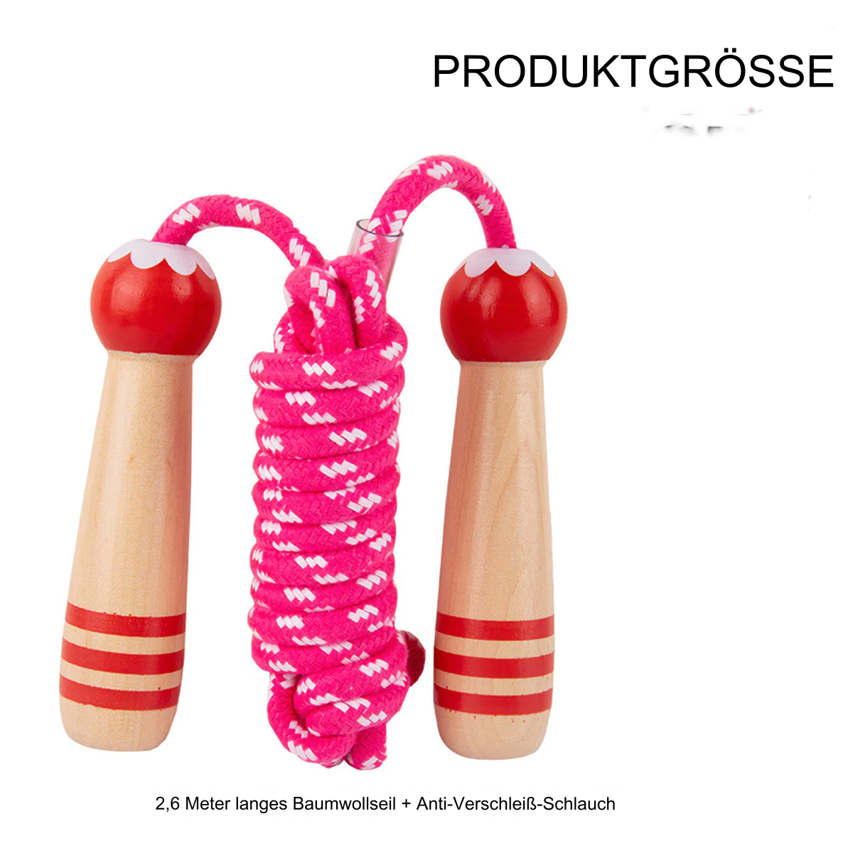 Ein rosa-weißes Springseil mit Holzgriffen und roten Enden ist auf weißem Hintergrund zu sehen.