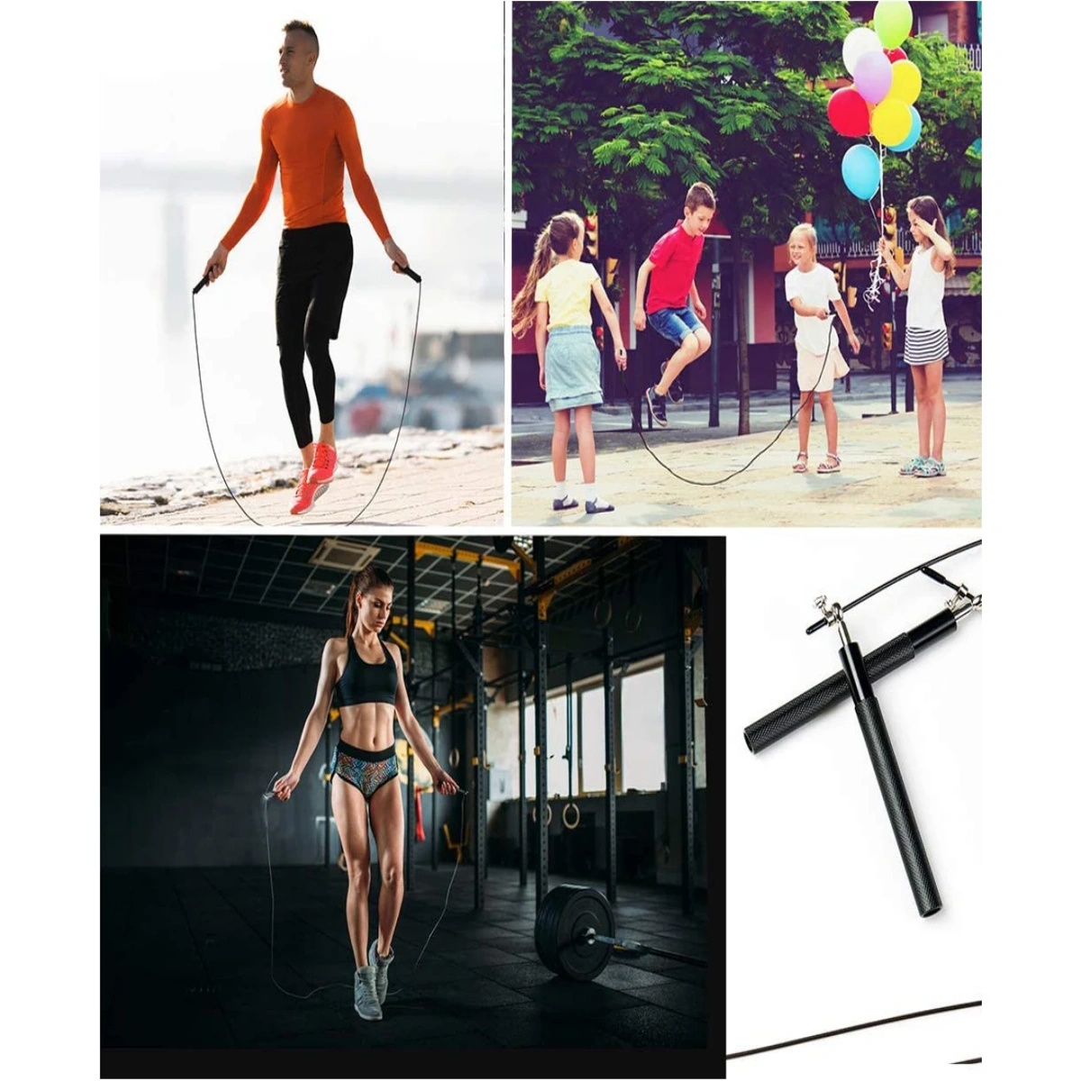 Mehrere Bilder von Leuten, die Seilspringen. Beinhaltet ein einzelnes Seil und Fitnessstudio.
