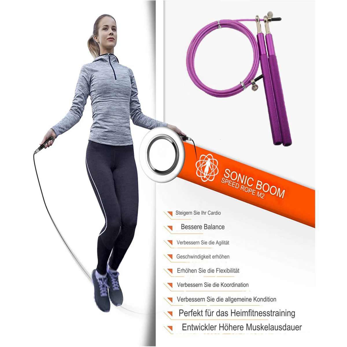 Frau springt Seil, Trainingsgerät. Lila Seil, weißer Hintergrund. Text: 'Sonic Boom'.