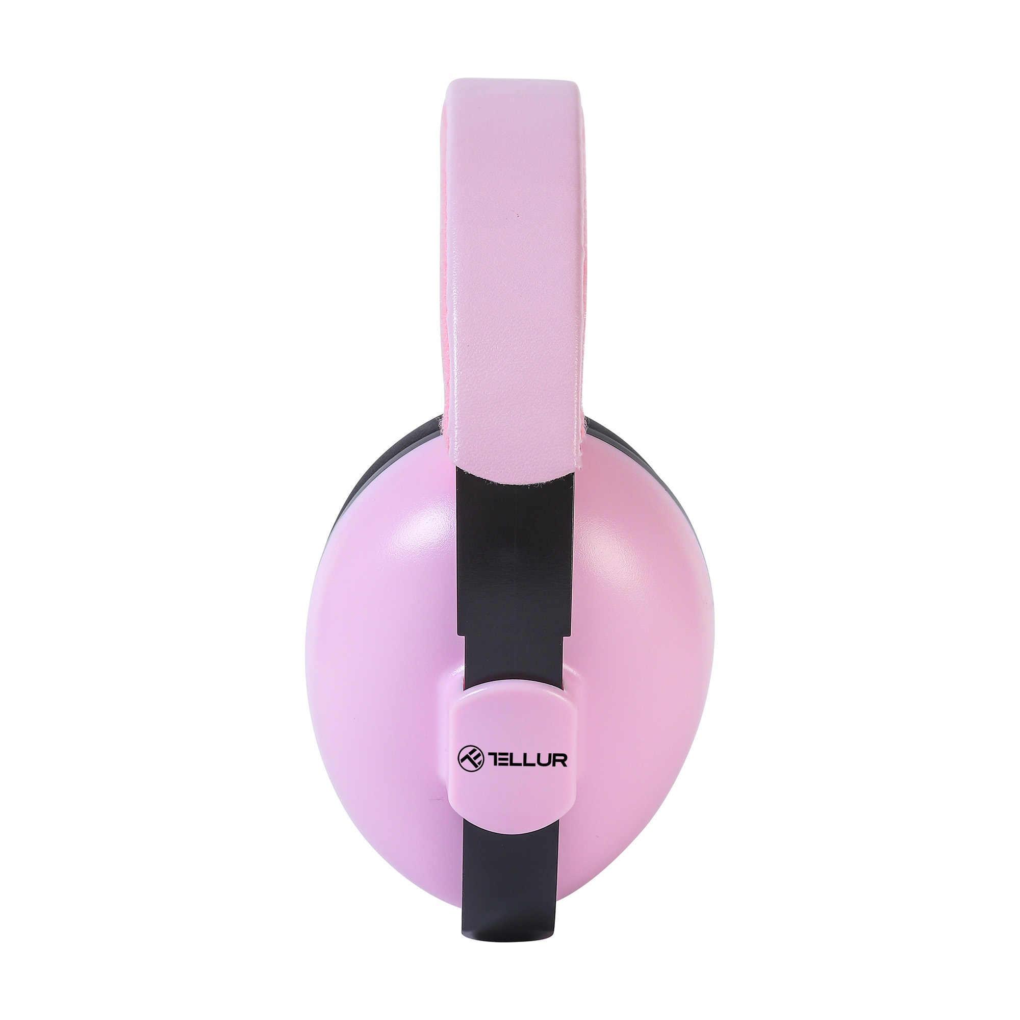 Ein Paar rosa Ohrenschützer. Sie haben ein schwarzes Band und die Marke "TELLUR" wird gezeigt.