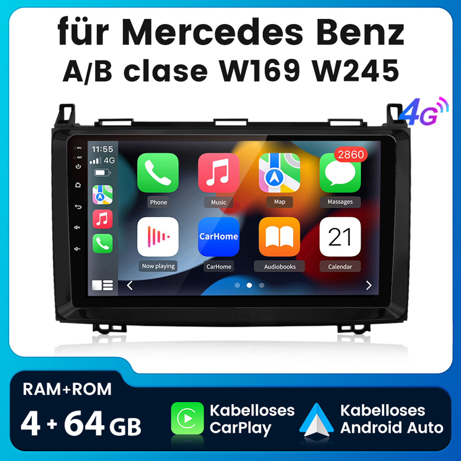Autoradio-Bildschirm mit Symbolen für Telefon, Musik, Karte, Nachrichten usw. Text: für Mercedes Benz A/B-Klasse.