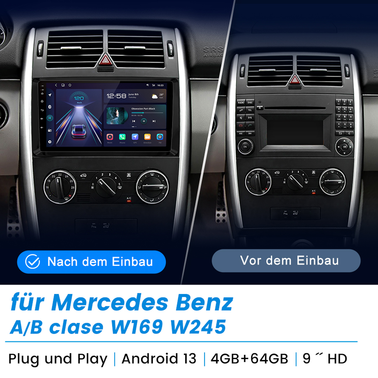 Ein Autoradiobildschirm, der eine Benutzeroberfläche mit App-Symbolen anzeigt, der Hintergrund ist schwarz.