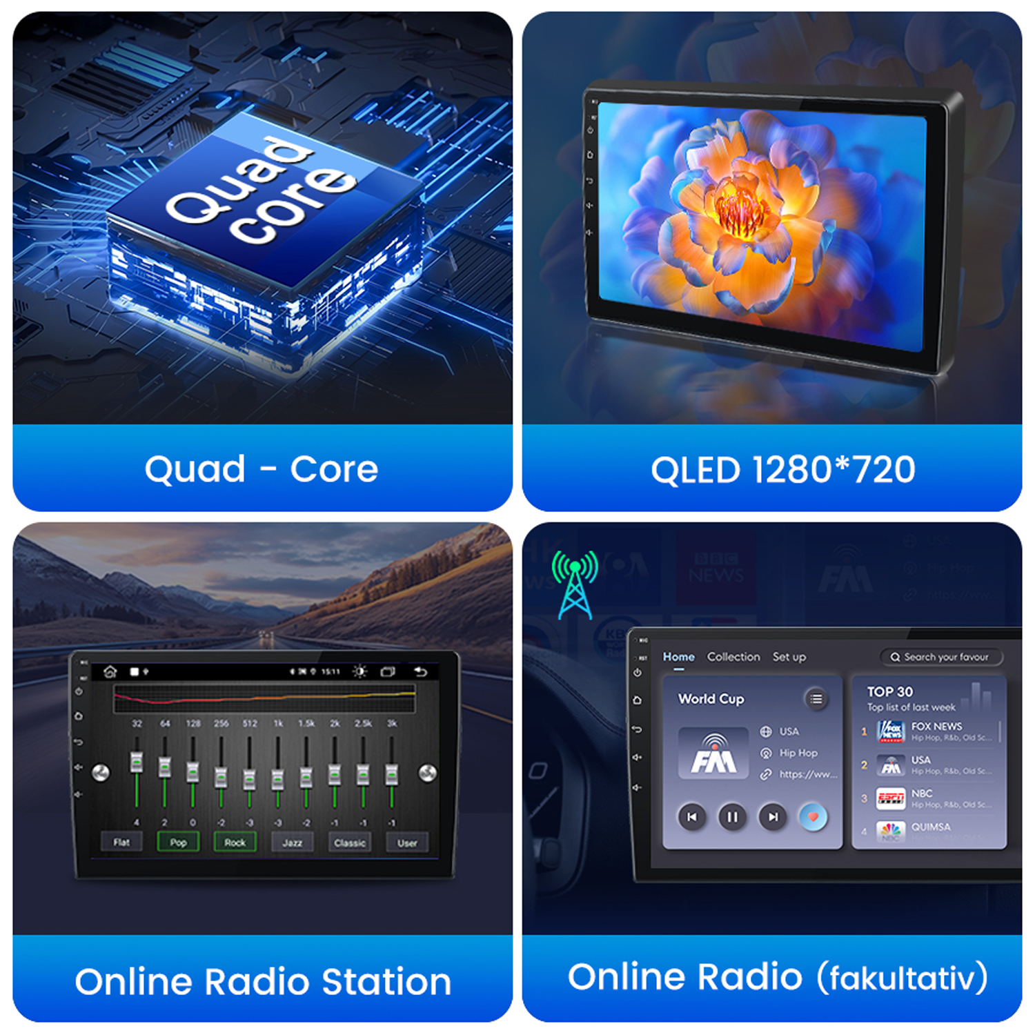 Bildschirme, die Produktmerkmale anzeigen: Quad-Core, QLED-Display, Online-Radiosender und Online-Radio (fakultativ).