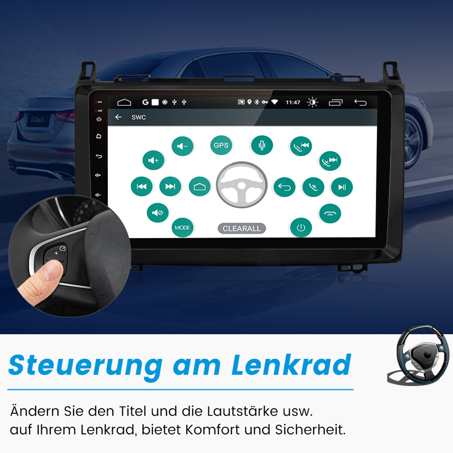 Autoradio mit Lenkradbedienung. Text: Titel und Lautstärke am Lenkrad ändern.