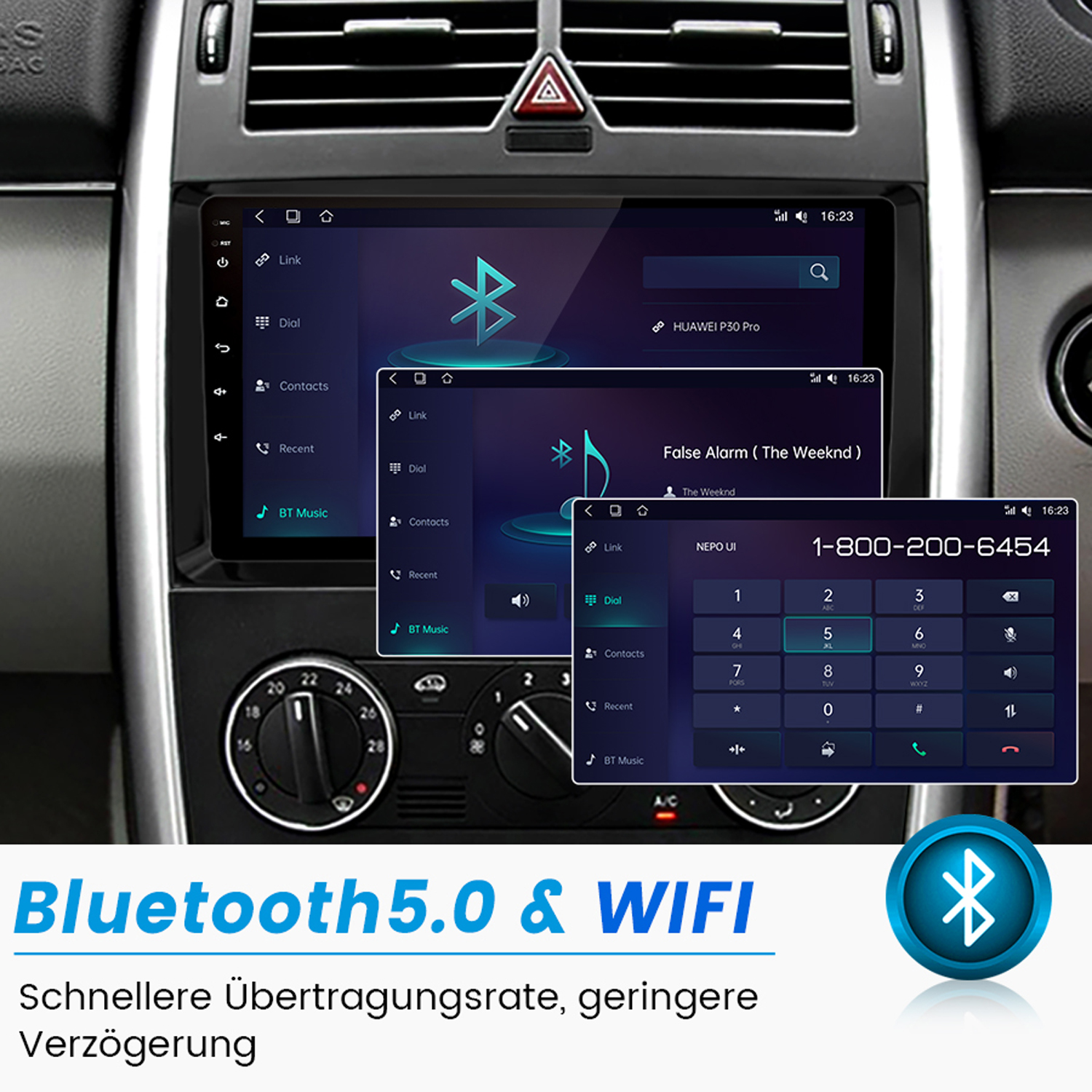 Auto-Infotainment-System mit Bluetooth- und WLAN-Funktionen. Zeigt Navigations- und Telefoneinwahl-Oberfläche.