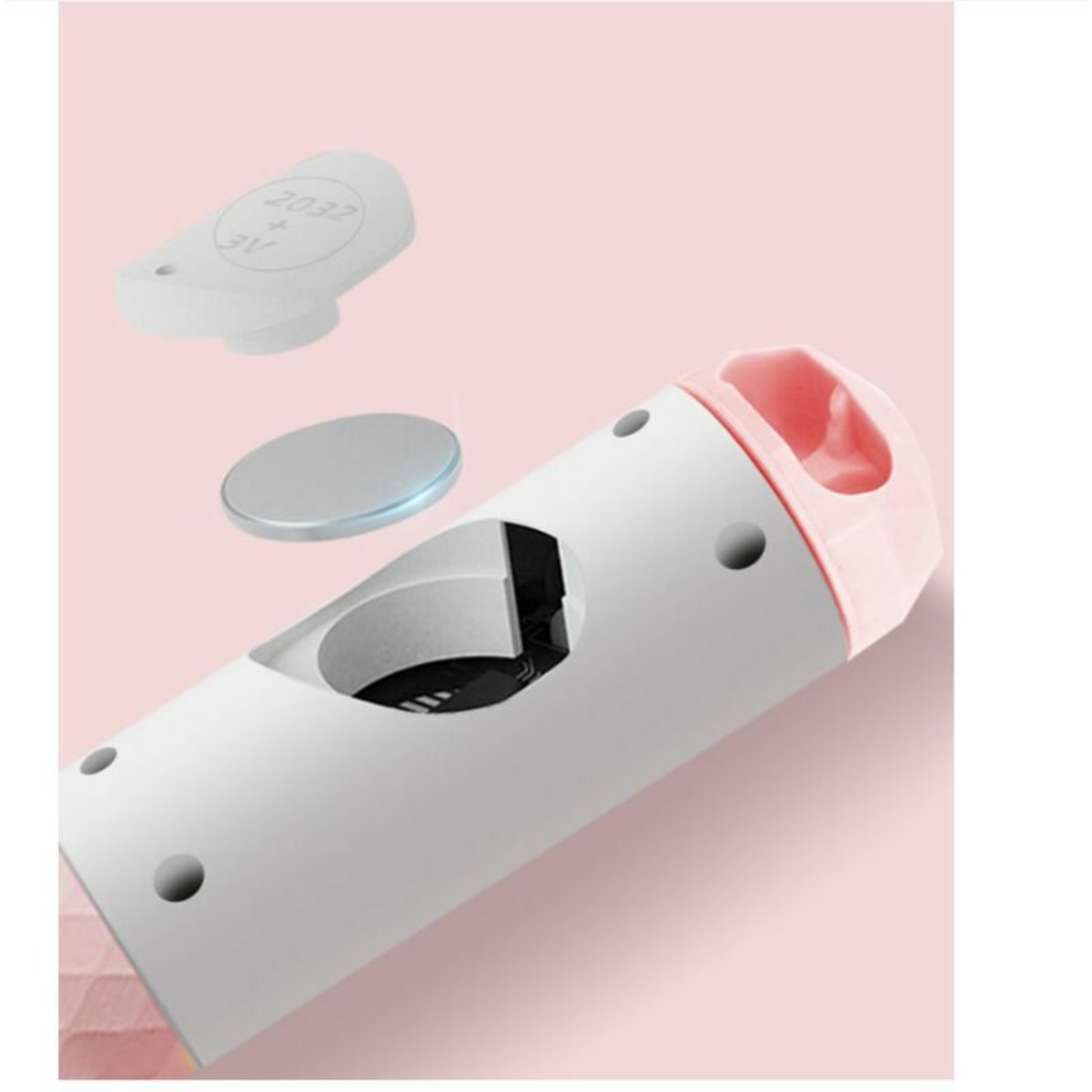 Ein zerlegtes Gerät, das eine Batterie und andere Komponenten zeigt. Rosa Hintergrund, weißes und rosa Gerät.