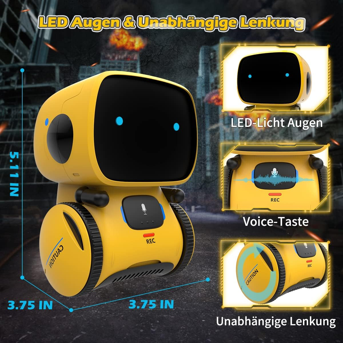Gelbes Roboter-Spielzeug mit Maßen. Eigenschaften: LED-Augen, Sprachsteuerung und unabhängige Lenkung.