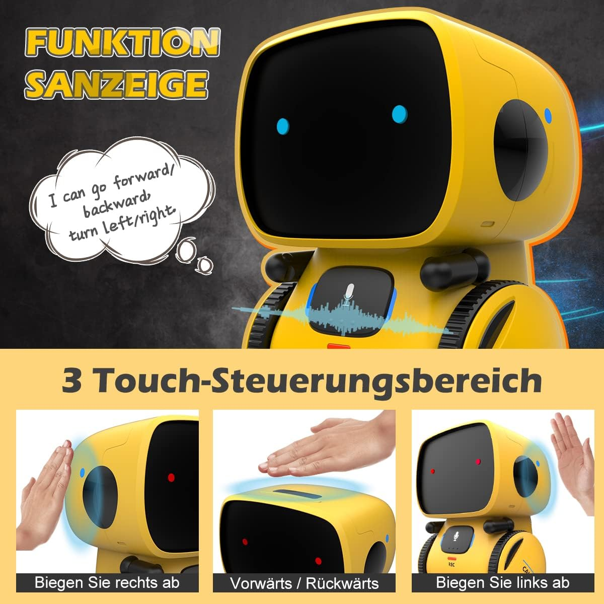 Ein gelber Roboter mit drei Touch-Steuerungsbereichen. Er hat eine Sprechblase mit Bewegungsrichtungen.