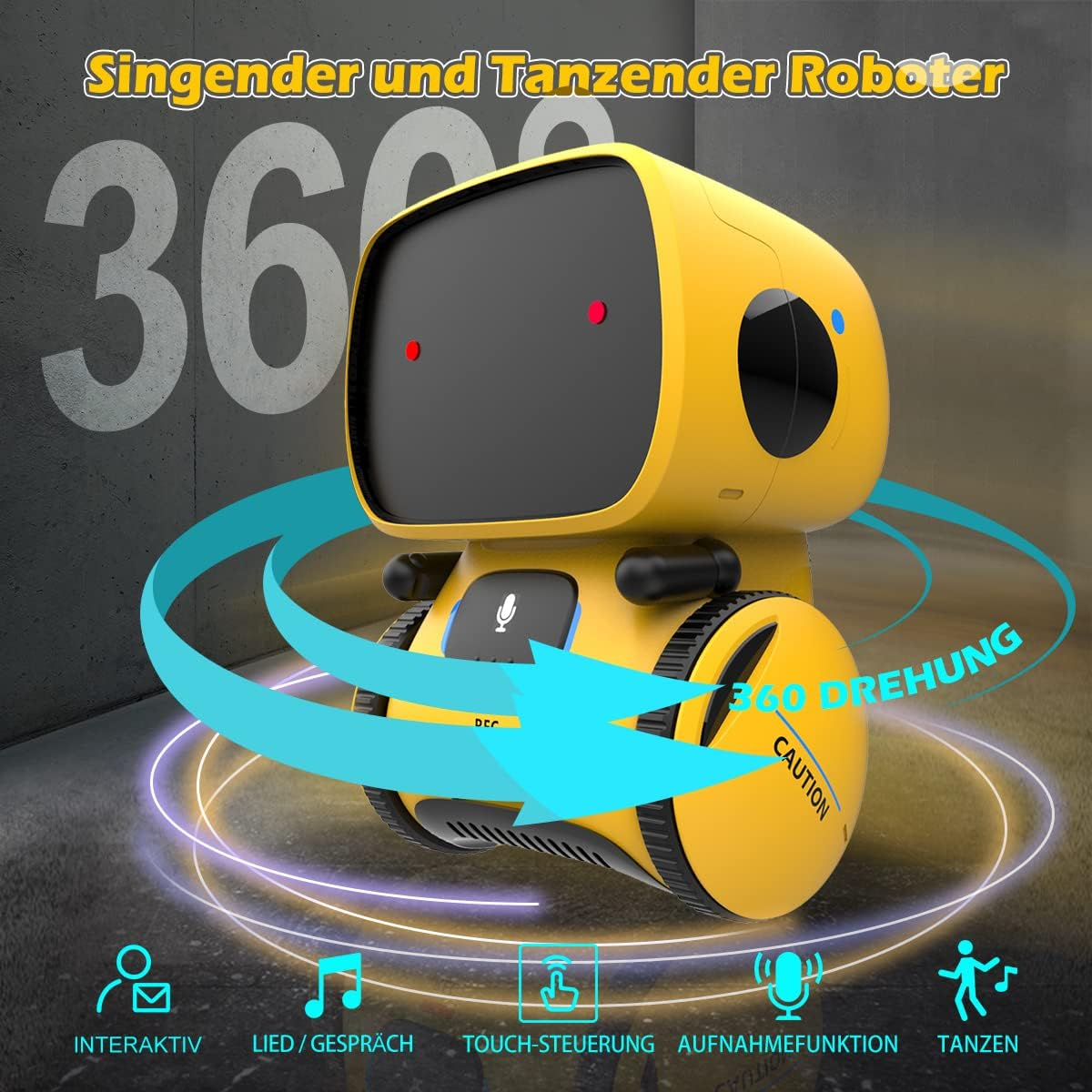 Ein gelber Roboter mit Bildschirm, umgeben von blauen Pfeilen und Symbolen, wirbt für Interaktion und Tanz.