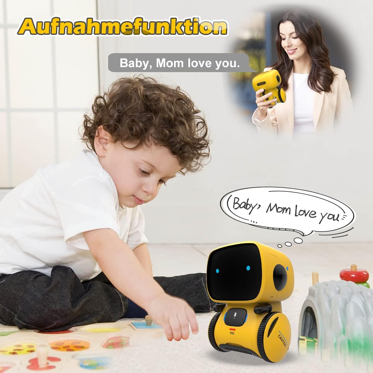 Ein Kind interagiert mit einem gelben Roboter-Spielzeug. Eine Frau hält einen ähnlichen Roboter im Hintergrund.
