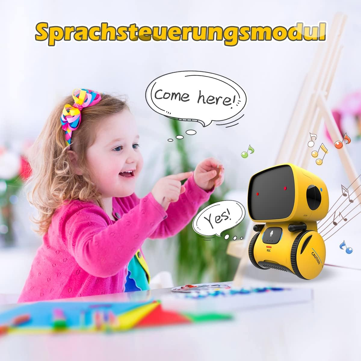Ein gelber Roboter mit einem Kind. Der Roboter hat eine Sprechblase mit der Aufschrift "Komm her!".