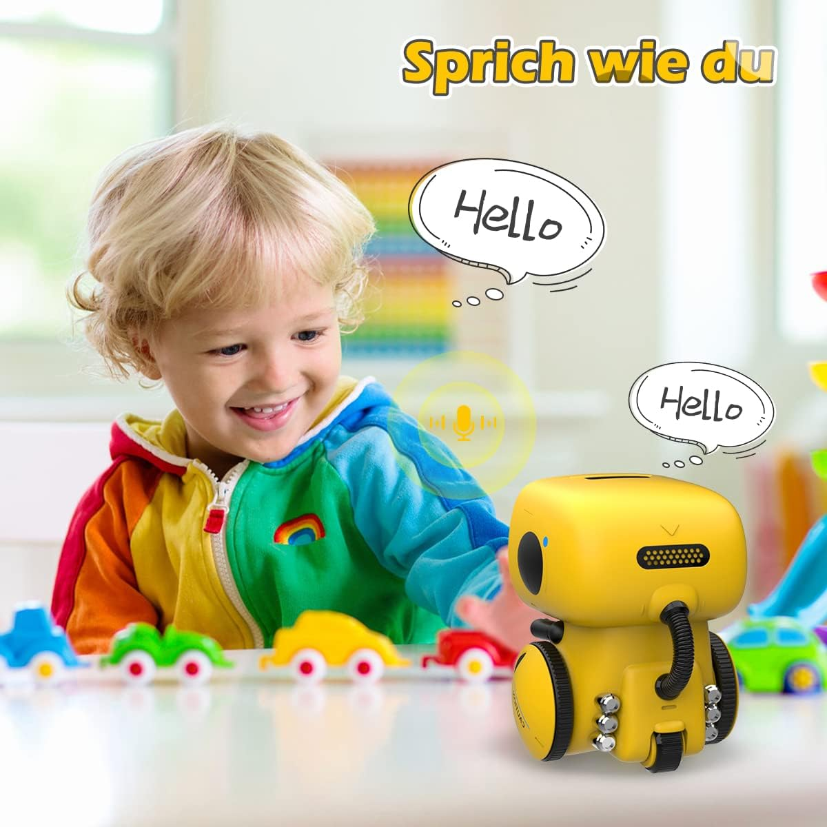 Ein Junge lächelt einen gelben Roboter an. Sprechblasen sagen 'Hallo'. Spielzeugautos im Vordergrund.