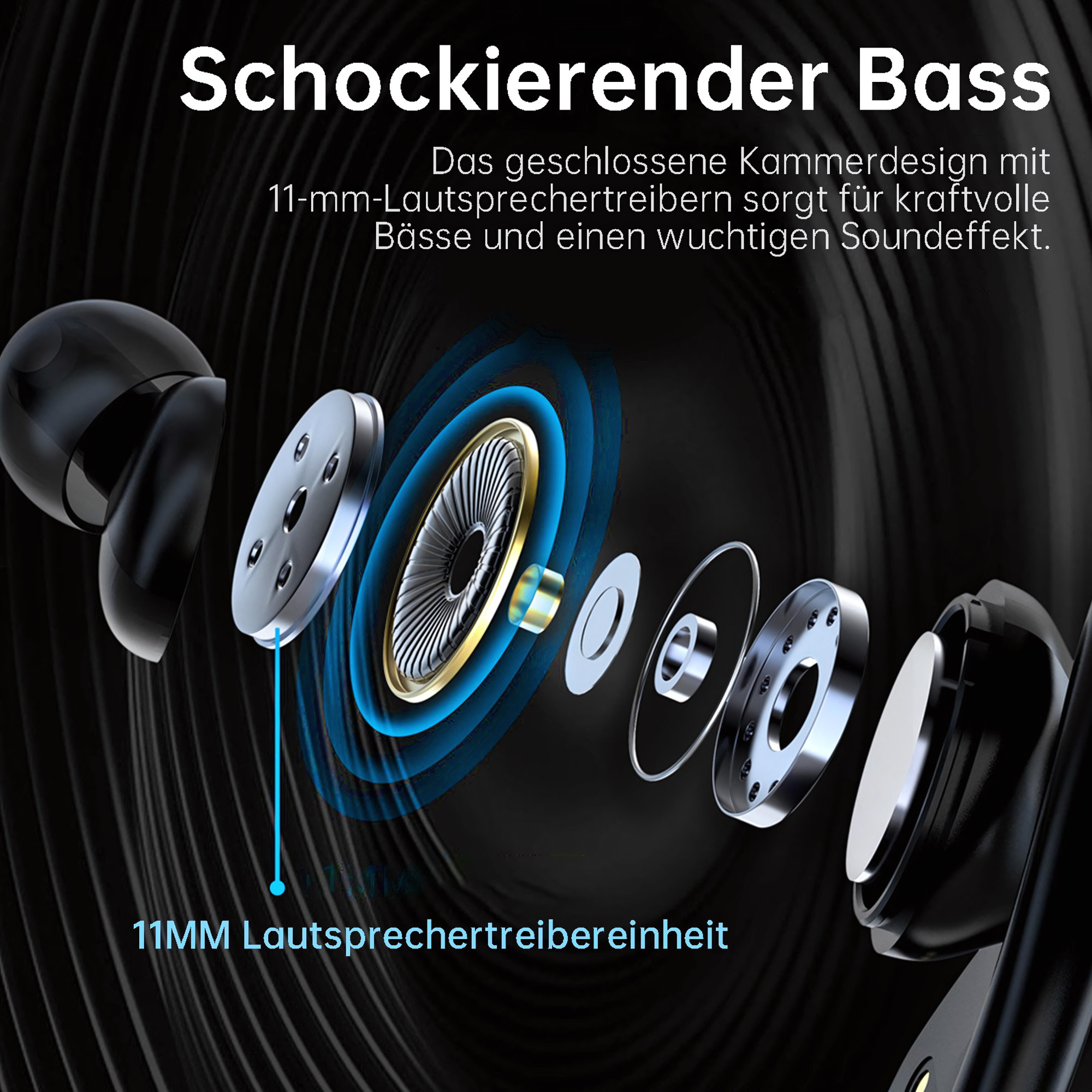 Widok rozłożony słuchawek, pokazujący komponenty i tekst, czarne tło.