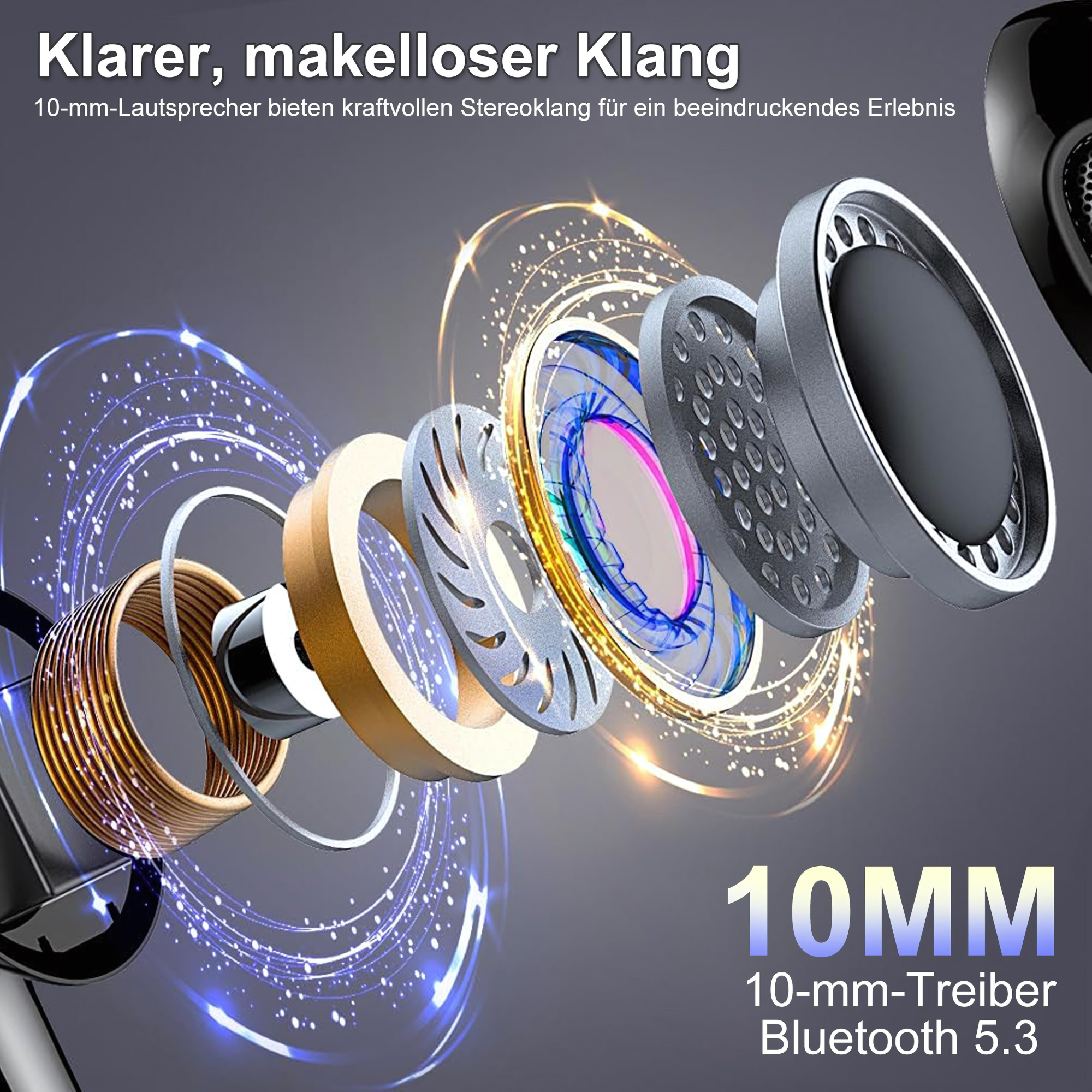 Widok rozstrzelony słuchawek dousznych. Srebrne, złote i czarne elementy. Czarne tło.