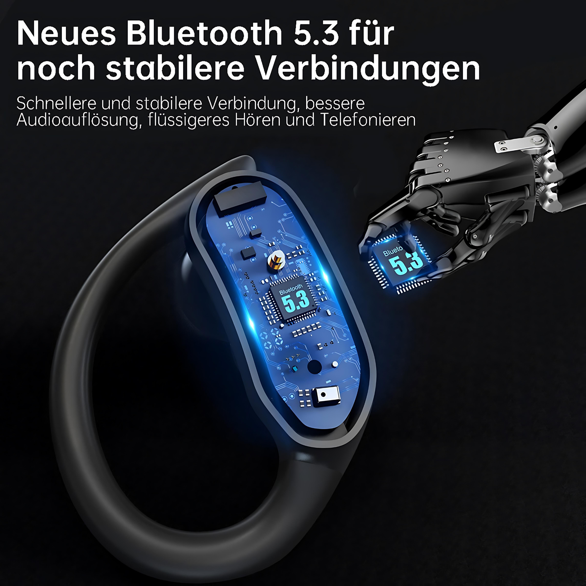 Słuchawki z niebieskim wzorem obwodu drukowanego, z roboticzną dłonią w tle.