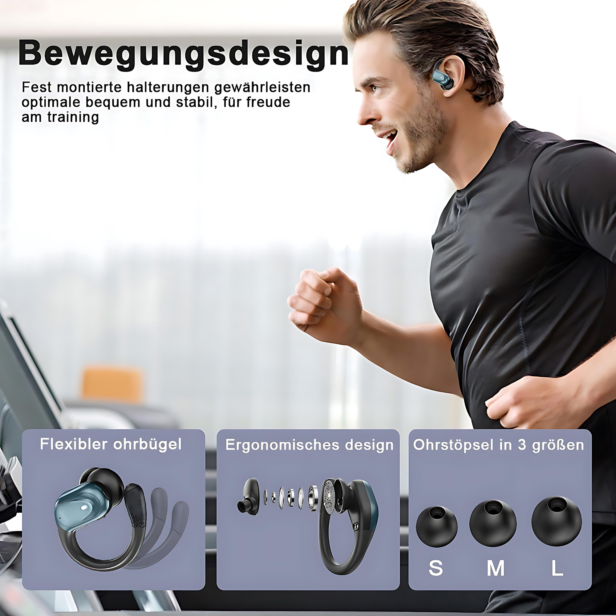 Mężczyzna biegnący ze słuchawkami, z diagramami konstrukcji słuchawek dousznych.